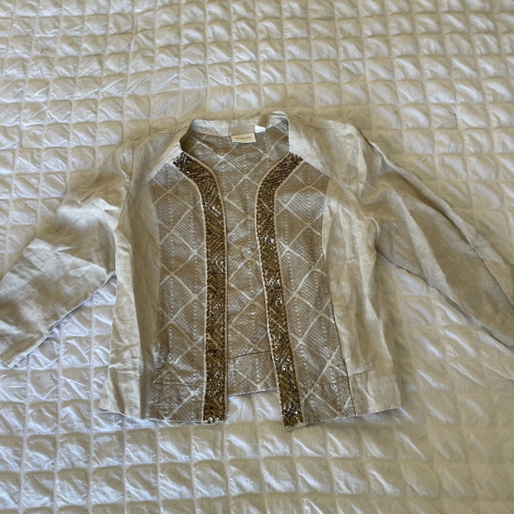 Chicos boho linen Beige and Gold Embellished Jacket
